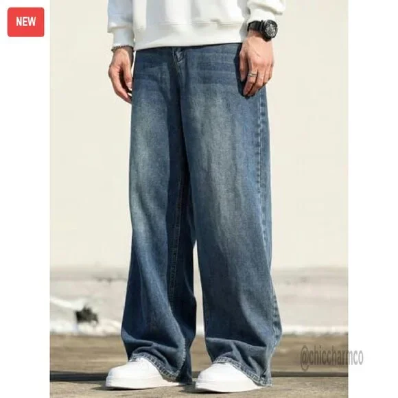 Men's Baggy Hip Hop Jeans Wide Leg Skater Denim Pants Loose Fit